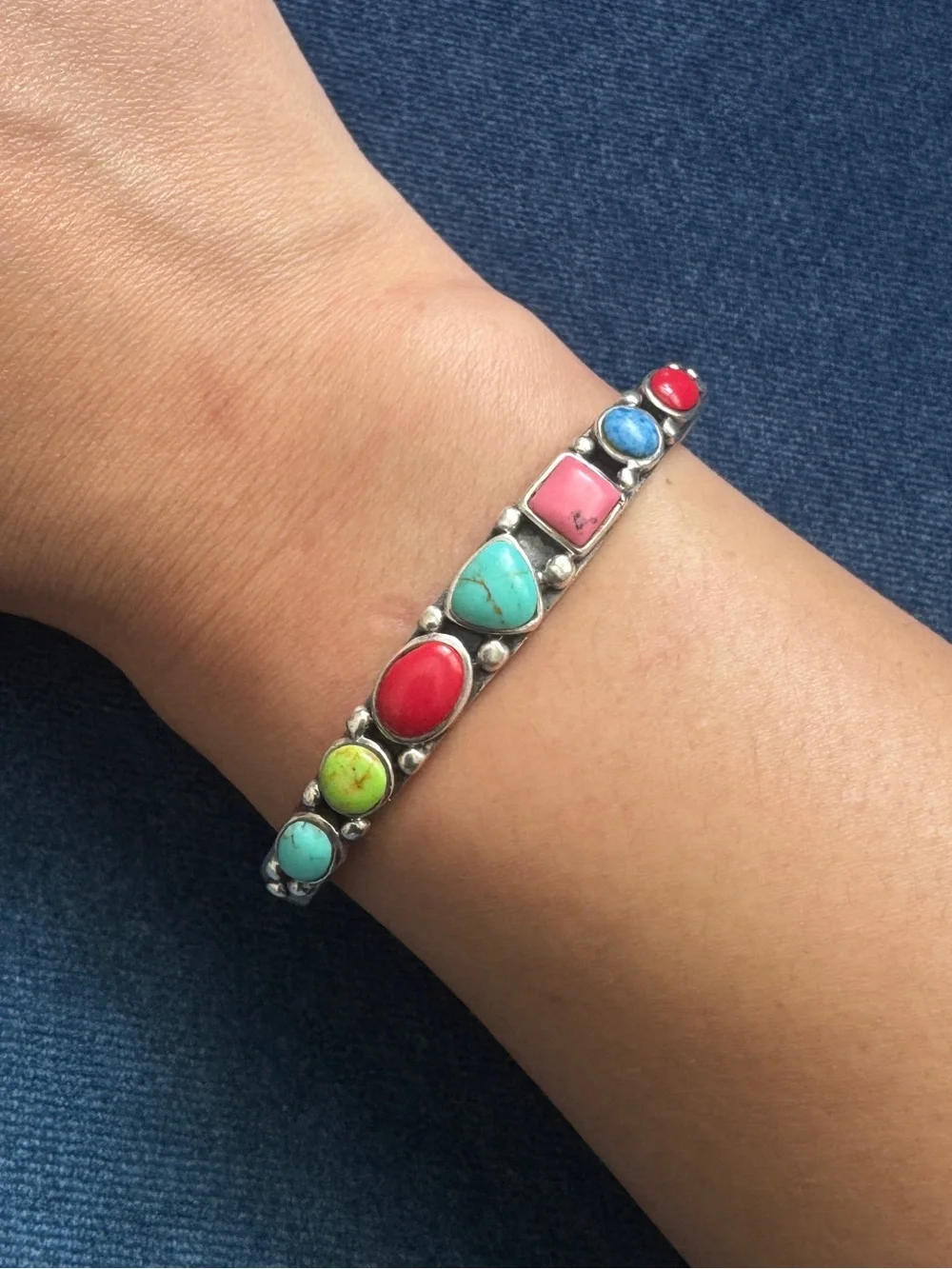 Vintage 925 Sterling‎ Silver Multi-Stone Cuff Bracelet